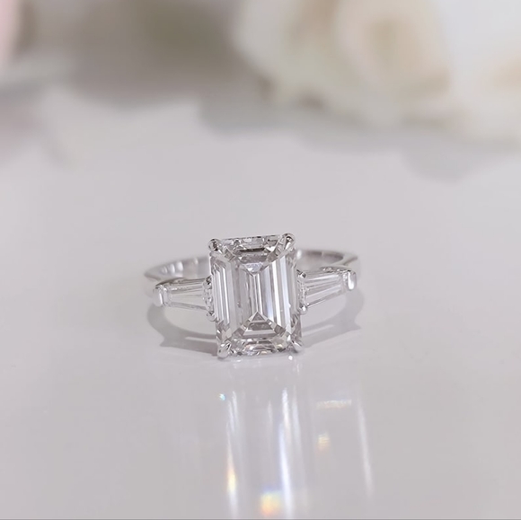 5.50 Carat Emerald & Baguette Three-Stone Moissanite Engagement Ring 14k Gold - Picture 1 of 5